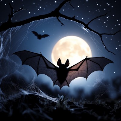 Bat Flying Under Full Moon