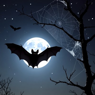 Bat Flying Near Moon and Spider Web