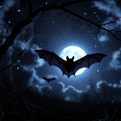 Bats Flying Near Spider Web Moon