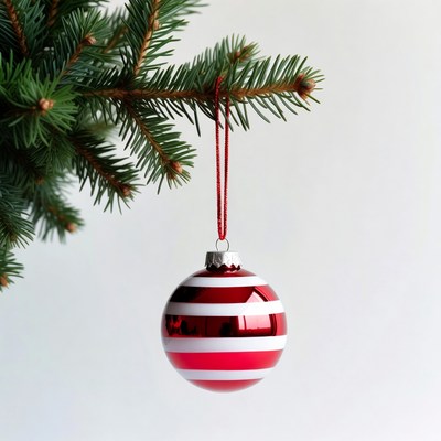 Red White Striped Christmas Ornament on Fir Branch