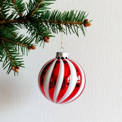 Red White Striped Christmas Ornament on Fir Branch