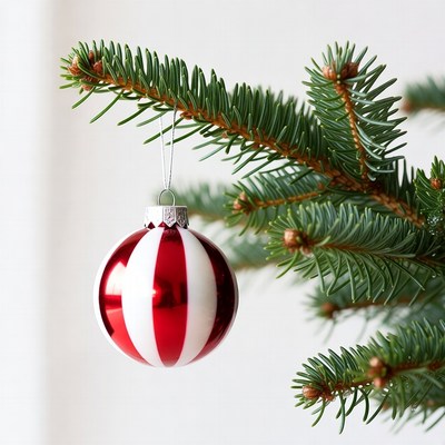 Red White Striped Christmas Ornament on Pine Branch