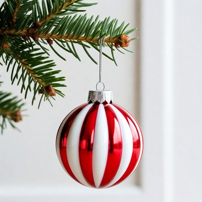 Red White Striped Ornament on Christmas Tree