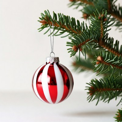 Red White Striped Christmas Ornament on Pine Branch