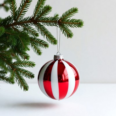 Red White Striped Christmas Ornament on Fir Branch