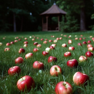 Red Apples Scattered on Grass by Gazebo