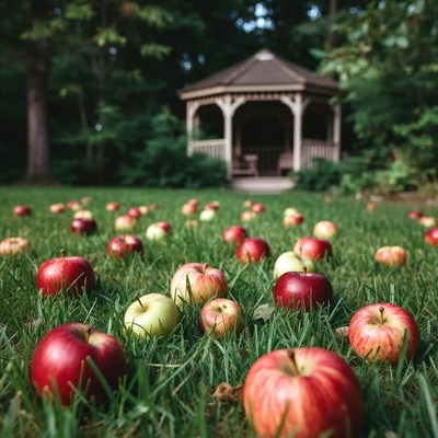 Red Apples Scattered on Grass by Gazebo