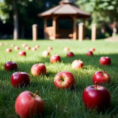 Red Apples Scattered on Green Grass