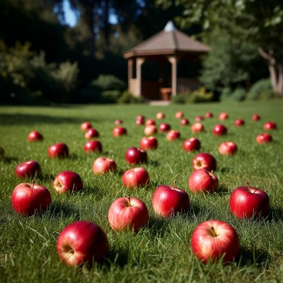 Red Apples Scattered on Green Grass