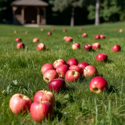 Red apples scattered on green grass
