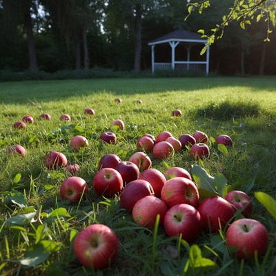 Red Apples Scattered on Grass