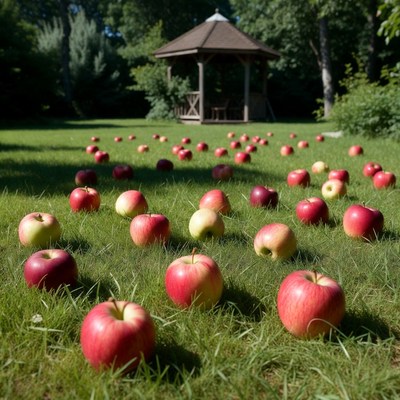 Red apples scattered on green grass