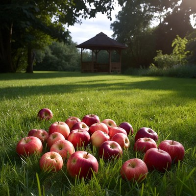 Red Apples on Grass Near Gazebo