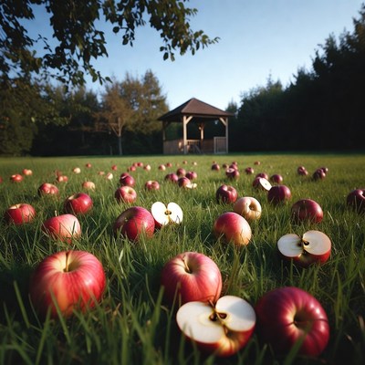 Red Apples Scattered on Grass Field