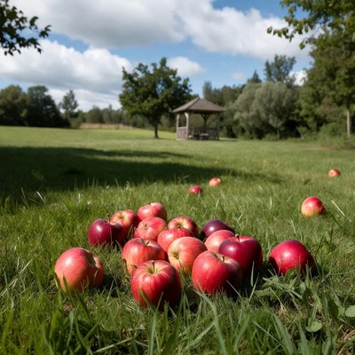 Red Apples Scattered on Grass