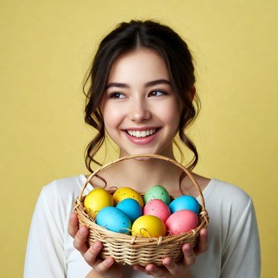 Asian woman holding Easter eggs