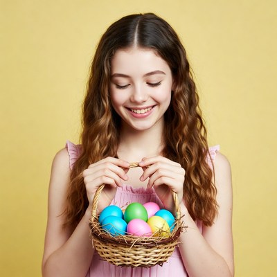 Girl holding Easter basket with eggs