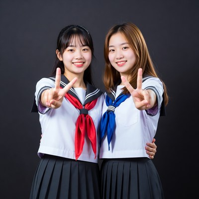 Two Asian girls in sailor uniforms making peace signs