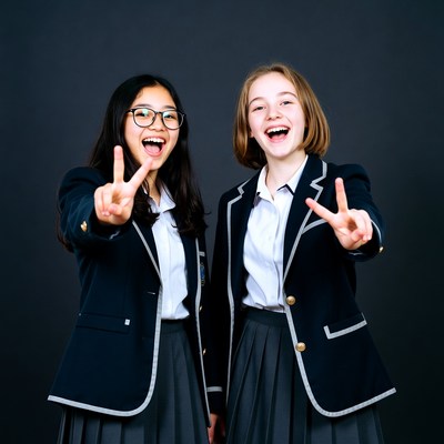Two girls in school uniforms making peace signs