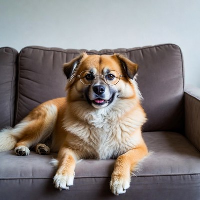 Dog wearing glasses on couch