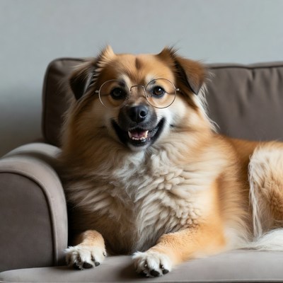 Dog wearing glasses on couch