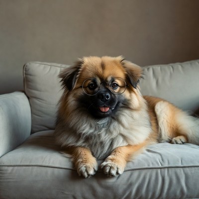 Pomeranian dog wearing glasses on couch