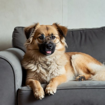 Dog wearing glasses on couch