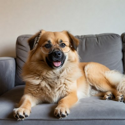 Dog wearing glasses on couch