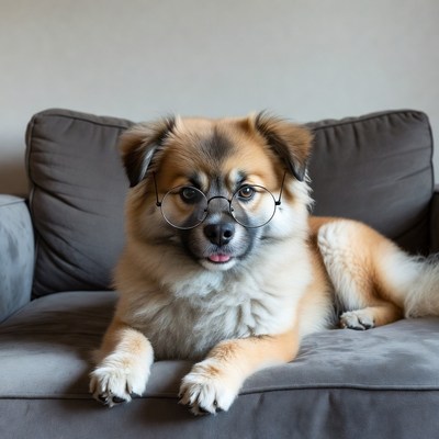 Dog wearing glasses on couch