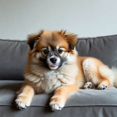 Pomeranian dog wearing glasses on couch