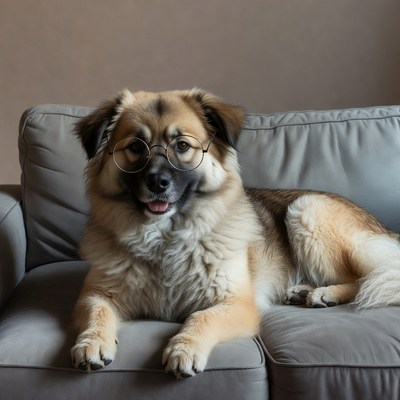 Dog wearing glasses on couch