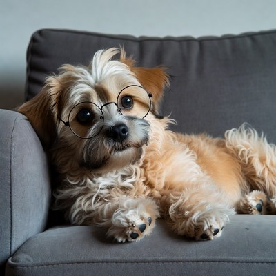 Dog wearing glasses on couch
