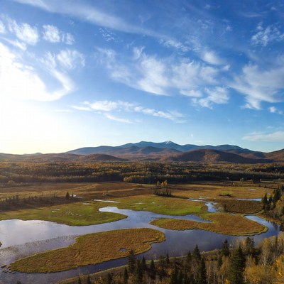 Autumn Mountains with Wetlands and River