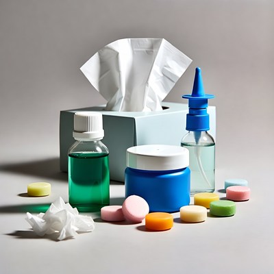 Cold medicine remedies on gray background