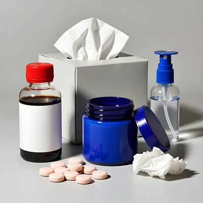 Cold medicine tissue sanitizer on table
