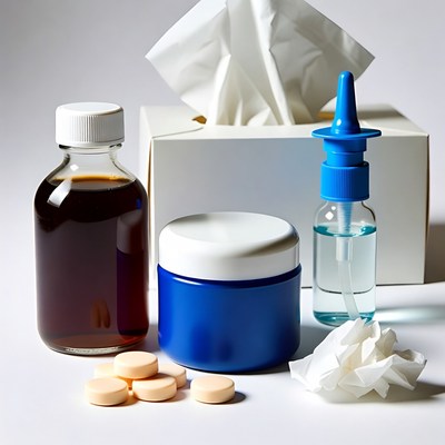 Cold medicine with tissues and nasal spray