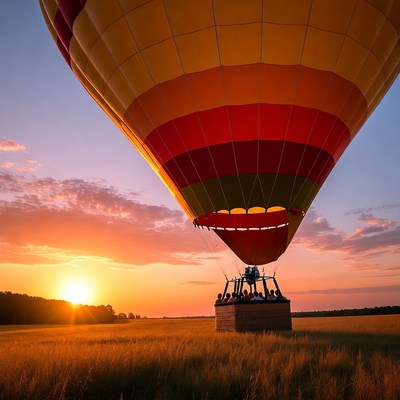 Hot air balloon over field at sunset