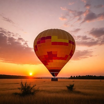Hot air balloon in sunset field