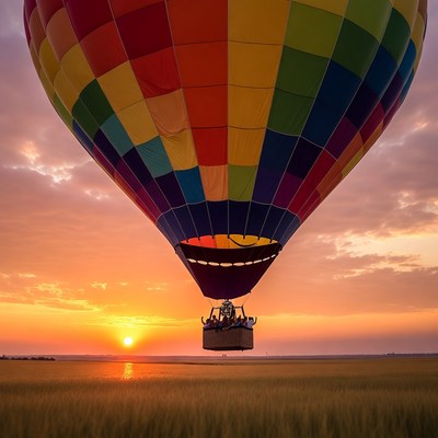 Colorful Hot Air Balloon over Sunset Field