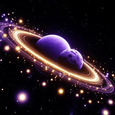 Purple Saturn with Moons and Rings