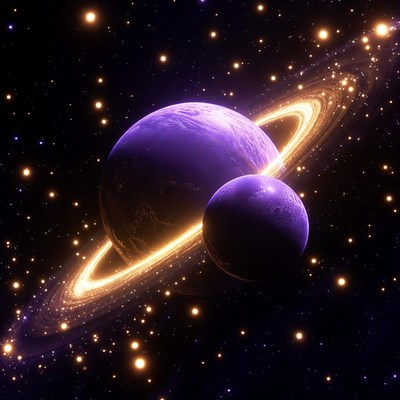 Purple Ringed Planet and Moon in Space