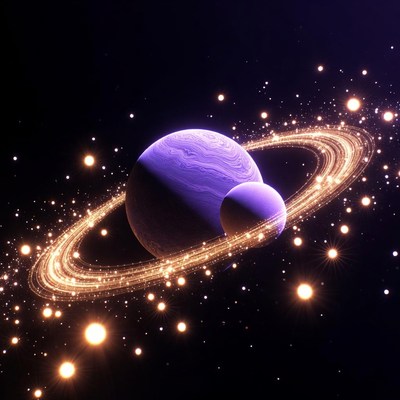 Purple Saturn with Rings and Moon