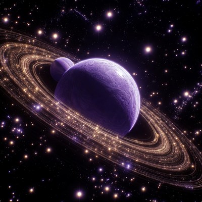 Purple Ringed Planet with Moon