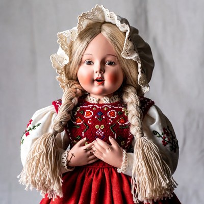 Vintage doll in red embroidered dress