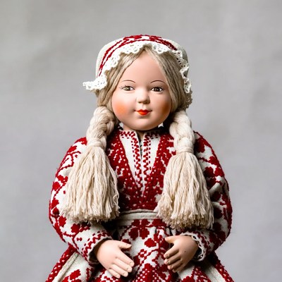 Blonde doll in red embroidered dress