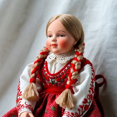 Blonde girl doll in red embroidered dress