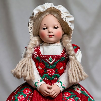 Blonde girl doll in red folk dress