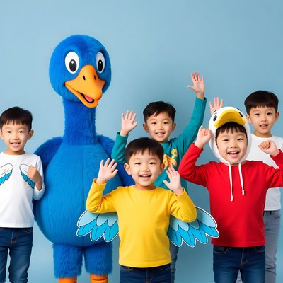 Asian boys with peacock mascot