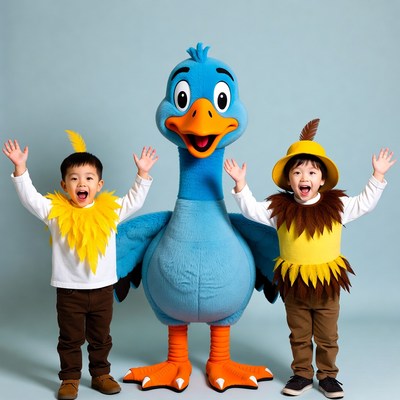 Asian boys with blue duck costume