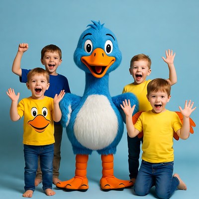 Blue duck mascot with five boys